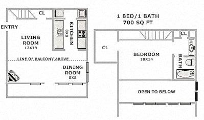 Floor plan for 1 bed, 1 bath, 700 sqft